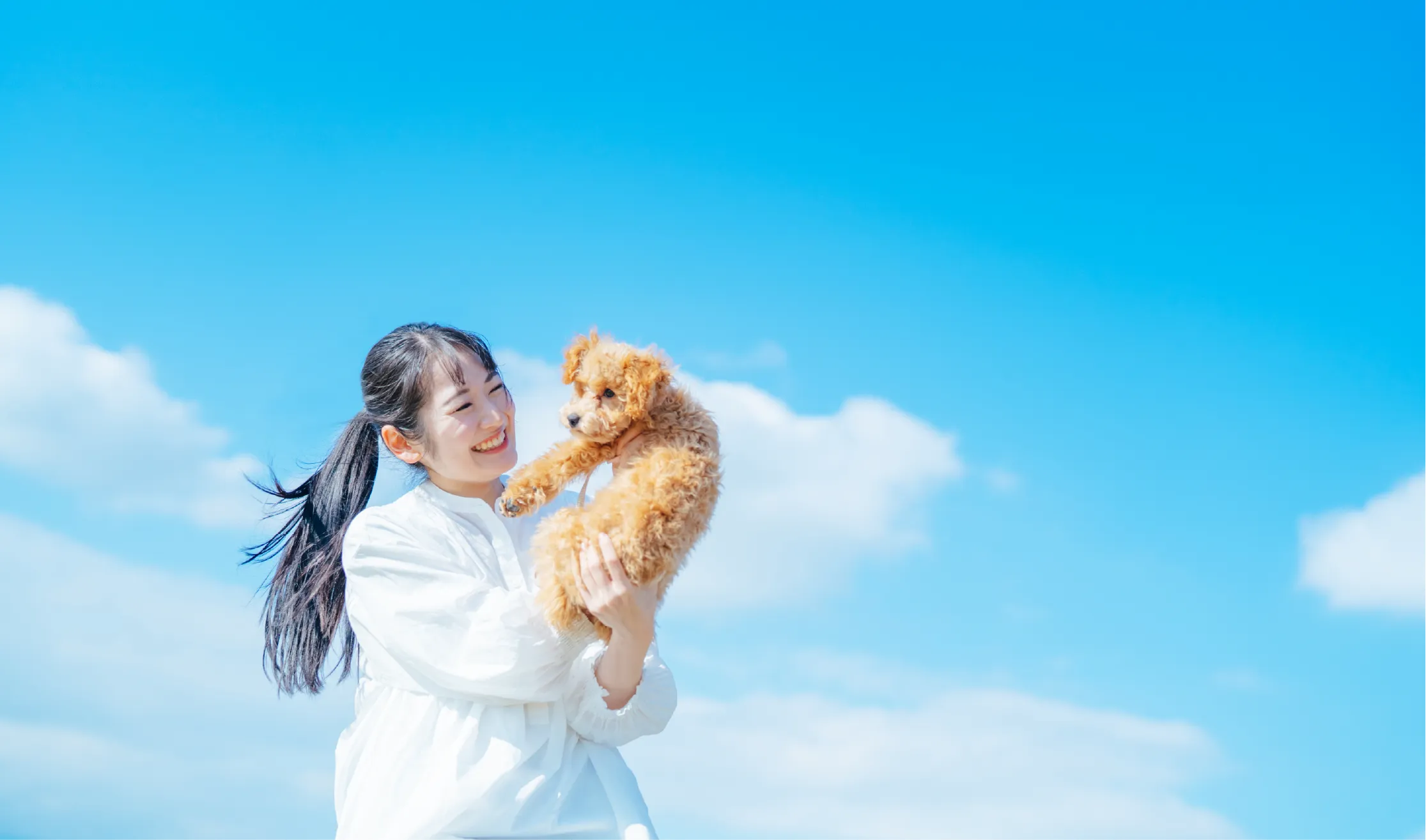 青空の下で犬を抱き上げる女性